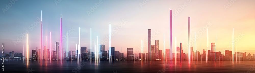 Poster a futuristic cityscape with glowing digital graphs representing statistics and competitive insights.