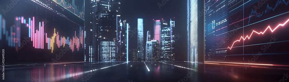 Poster a futuristic cityscape with glowing digital graphs representing statistics and competitive insights.