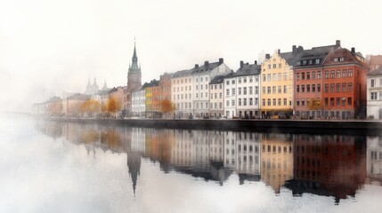 Fototapeta premium Colorful buildings line the riverbank, reflecting gently on the still water in a tranquil setting. Fog adds a dreamy quality to the charming scene, enhancing the peaceful ambiance