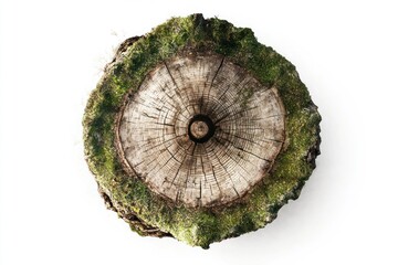Mossy tree stump, overhead view, white background, nature texture