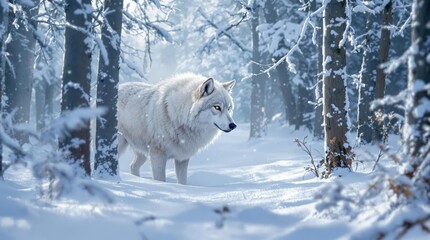 Obraz premium Beautiful watercolor artwork of a majestic wolf in a snowy forest, watercolor painting, trees, winter, snow