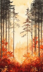 Fototapeta premium This artwork showcases a tranquil autumn landscape filled with towering trees and an array of colorful foliage. Warm orange and red hues dominate the scene, creating a cozy atmosphere