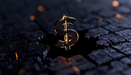 A striking dollar symbol emerging from dark, textured ground representing economic power.