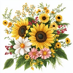 Beautiful bouquet of sunflowers, daisies, and wildflowers in vibrant colors for decor and design inspiration
