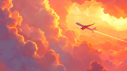 Naklejka premium Airplane Flying Through Vibrant Sunset Clouds in Colorful Sky