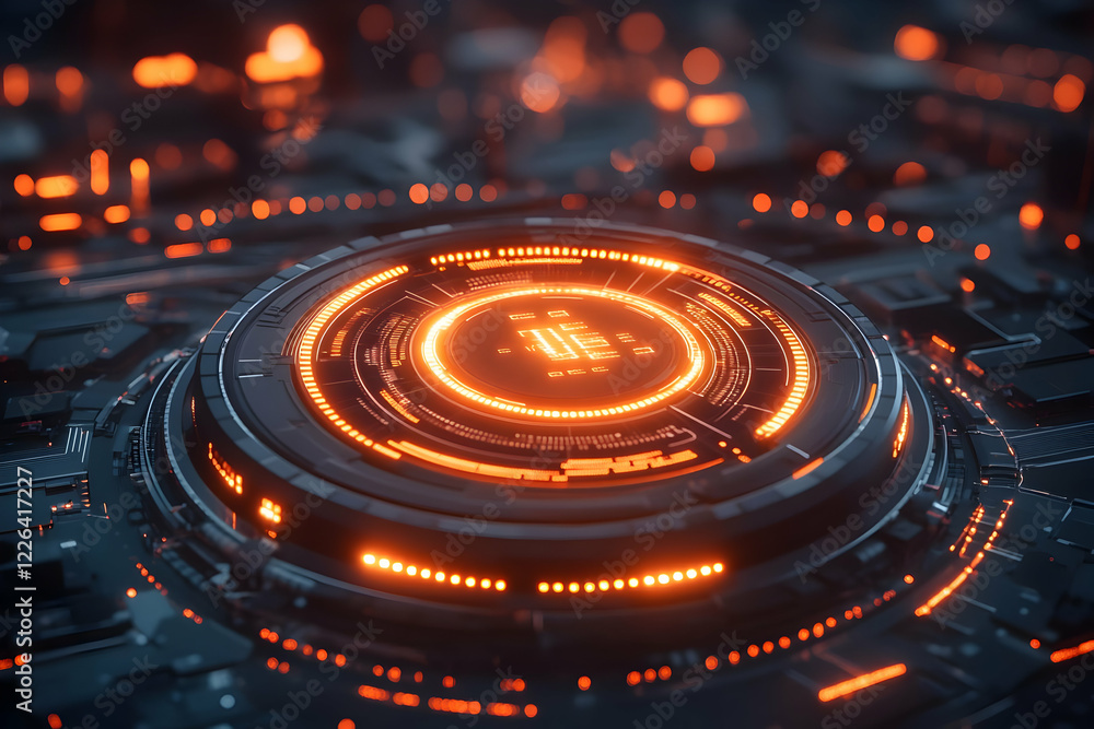 Poster glowing futuristic tech interface; circuit board background
