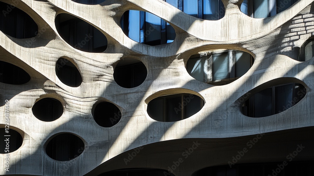 Poster abstract architectural facade with organic textured pattern and dynamic light and shadow play