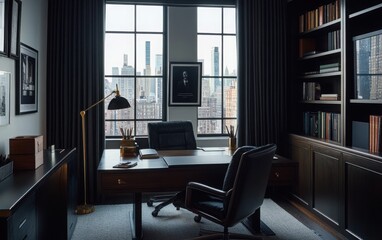 Fototapeta premium Sophisticated American-style office with a dark wooden desk, ergonomic chair, and an elegant desk lamp. 