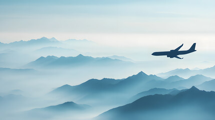Airplane Silhouette Flying Over Misty Mountain Landscape in Dawn Light
