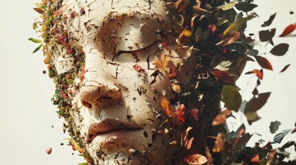 Abstract Autumnal Portrait: Human Face Transformed by Nature's Elements