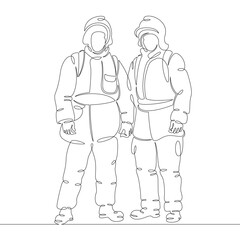 One continuous drawing line logo firefighter fireman rescuer in uniform and helmet at work .Single hand drawn art line doodle outline isolated minimal illustration cartoon character flat