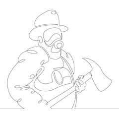 One continuous drawing line logo firefighter fireman rescuer in uniform and helmet at work .Single hand drawn art line doodle outline isolated minimal illustration cartoon character flat