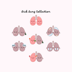 Set of unhealthy lung character on various gesture and style