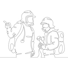 One continuous drawing line logo firefighter fireman rescuer in uniform and helmet at work .Single hand drawn art line doodle outline isolated minimal illustration cartoon character flat
