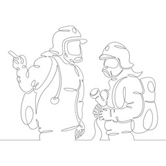 One continuous drawing line logo firefighter fireman rescuer in uniform and helmet at work .Single hand drawn art line doodle outline isolated minimal illustration cartoon character flat