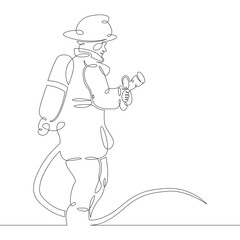 One continuous drawing line logo firefighter fireman rescuer in uniform and helmet at work .Single hand drawn art line doodle outline isolated minimal illustration cartoon character flat