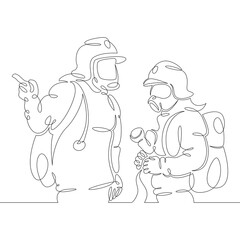 One continuous drawing line logo firefighter fireman rescuer in uniform and helmet at work .Single hand drawn art line doodle outline isolated minimal illustration cartoon character flat