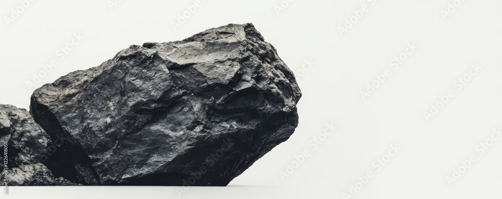 Poster black coal-like rock on white background showcasing natural textures and forms in a minimalistic set
