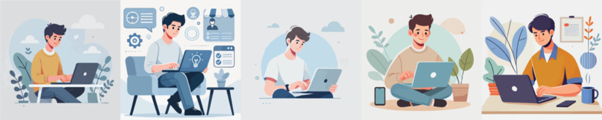 vector of male characters playing on a laptop