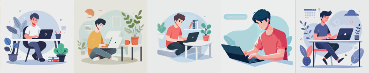 vector of male characters playing on a laptop