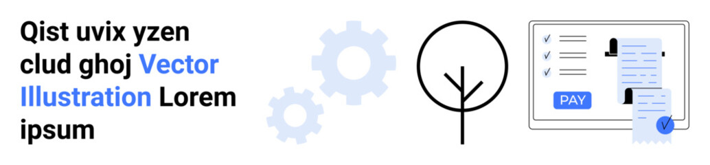 Payment document with user profile, gear icons symbolizing mechanics, and a stylized tree. Ideal for finance, workflow, automation, sustainability, minimalism, business solutions abstract line flat