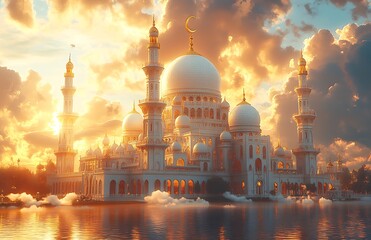 Obraz premium Majestic Mosque with White Domes and Minarets Reflecting in Water at Sunset