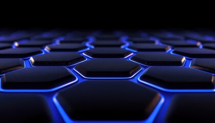 Obraz premium Abstract futuristic hexagonal pattern with glowing blue lines on a dark background.