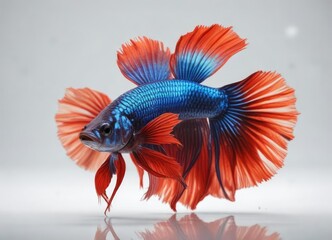 Betta fish on white background with reflective glass, aquatic life, serene scene