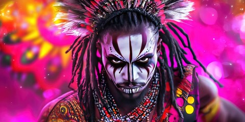Cultural appropriation - Caucasian man with face painted black, dreadlocks hair, feathered headdress, kimono, mandala background