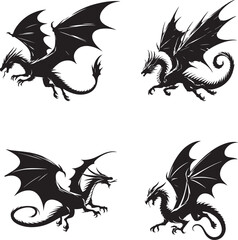 Flying dragon black and white silhouette assets in vector farm 
