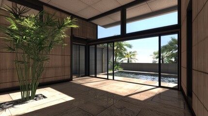 Modern Minimalist Home Interior with Pool View