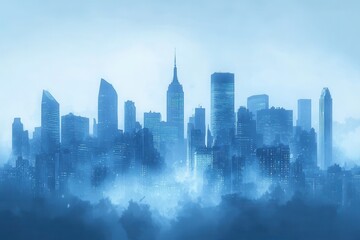 Naklejka premium Misty city skyline at dawn, skyscrapers shrouded in fog. Ideal for projects needing a calm, urban atmosphere, conveying mystery, peace, or dreams.