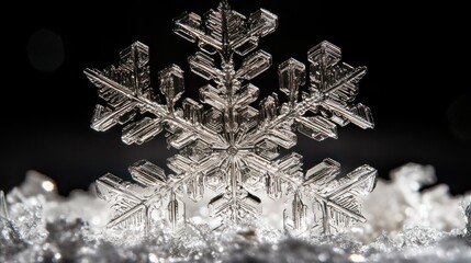 Macro shot of a single, intricate snowflake on snow against a black background.