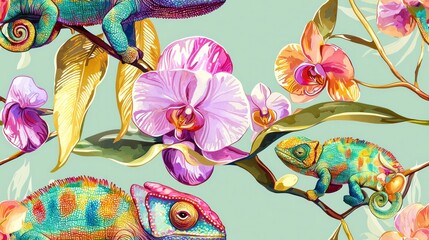 Seamless pattern with colorful chameleons and orchids on a light green background.