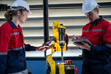 male engineer workers maintenance automatic robotic arm machine in a factory. worker checking and repairing automatic robot hand machine. technician worker check for repair factory machine.