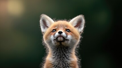 Curious red fox kit looking up, forest background, wildlife photography, nature poster