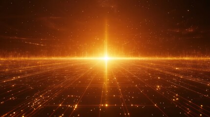 Abstract digital landscape with golden grid and bright central light