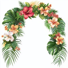 Vibrant Tropical Floral Frame with Lush Green Leaves and Colorful Hibiscus Flowers