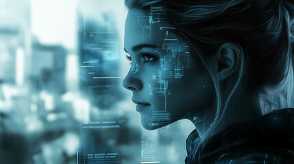 A woman is intensely focused on analyzing data on futuristic digital screens, evoking themes of artificial intelligence, advanced technology, and scientific research.