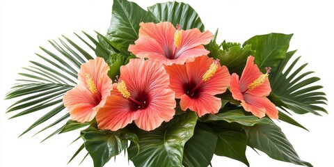 Vibrant Hibiscus Flowers Surrounded by Lush Green Leaves in a Beautiful Tropical Arrangement
