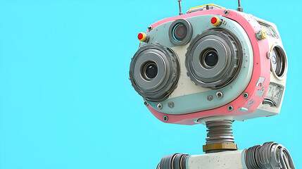 3D rendered Pastel Robot in Blue, Pink, and White - blue background