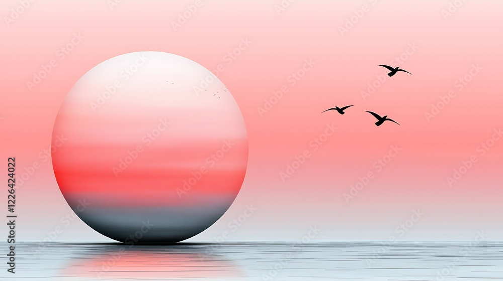Wall mural a serene sunset with a large orb reflecting on calm waters, accompanied by flying birds against a so