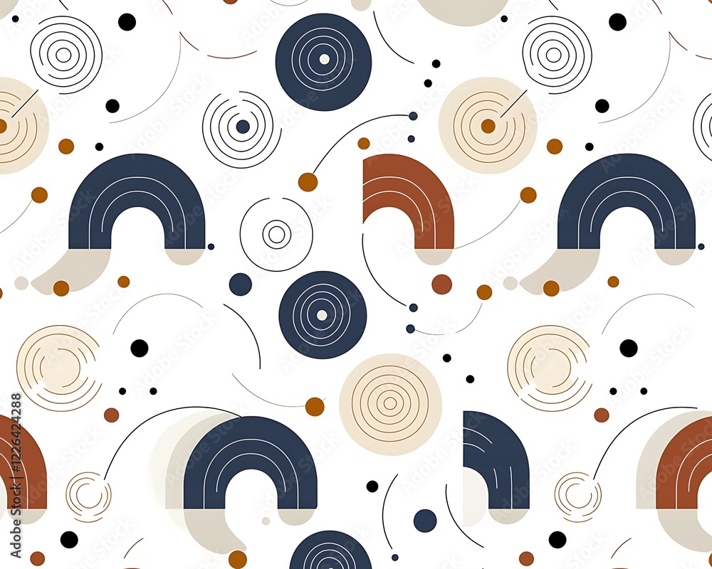 Aufkleber abstract pattern featuring colorful arcs and circles on a white background, creating a playful and m