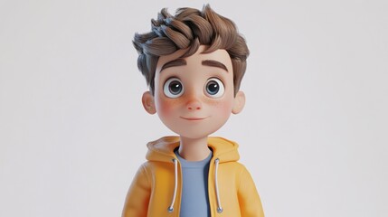 Cute cartoon boy with expressive eyes and a friendly smile wearing a yellow hooded jacket
