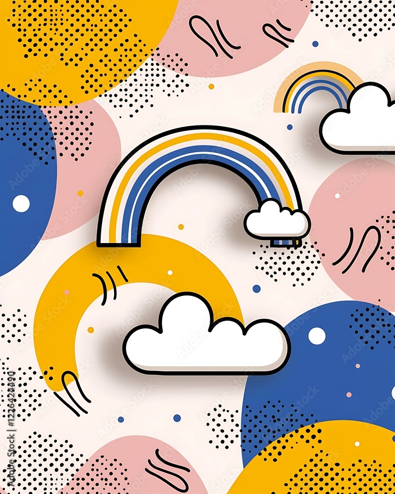 Poster colorful abstract design featuring playful rainbows and clouds on a textured background with geometr