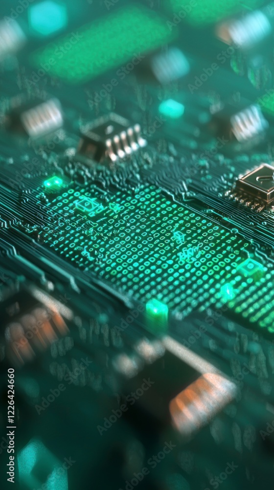 Poster abstract green circuit board digital binary code data network technology