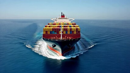 Large container ship navigates through calm waters on a clear day, showcasing vibrant cargo and powerful propulsion