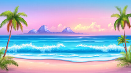 Obraz premium Tropical beach with palm trees and mountains in background