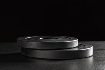 Two black weight plates on dark surface.