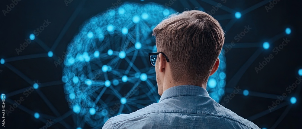 Poster a person with glasses observes a digital network representation, symbolizing connection and technolo